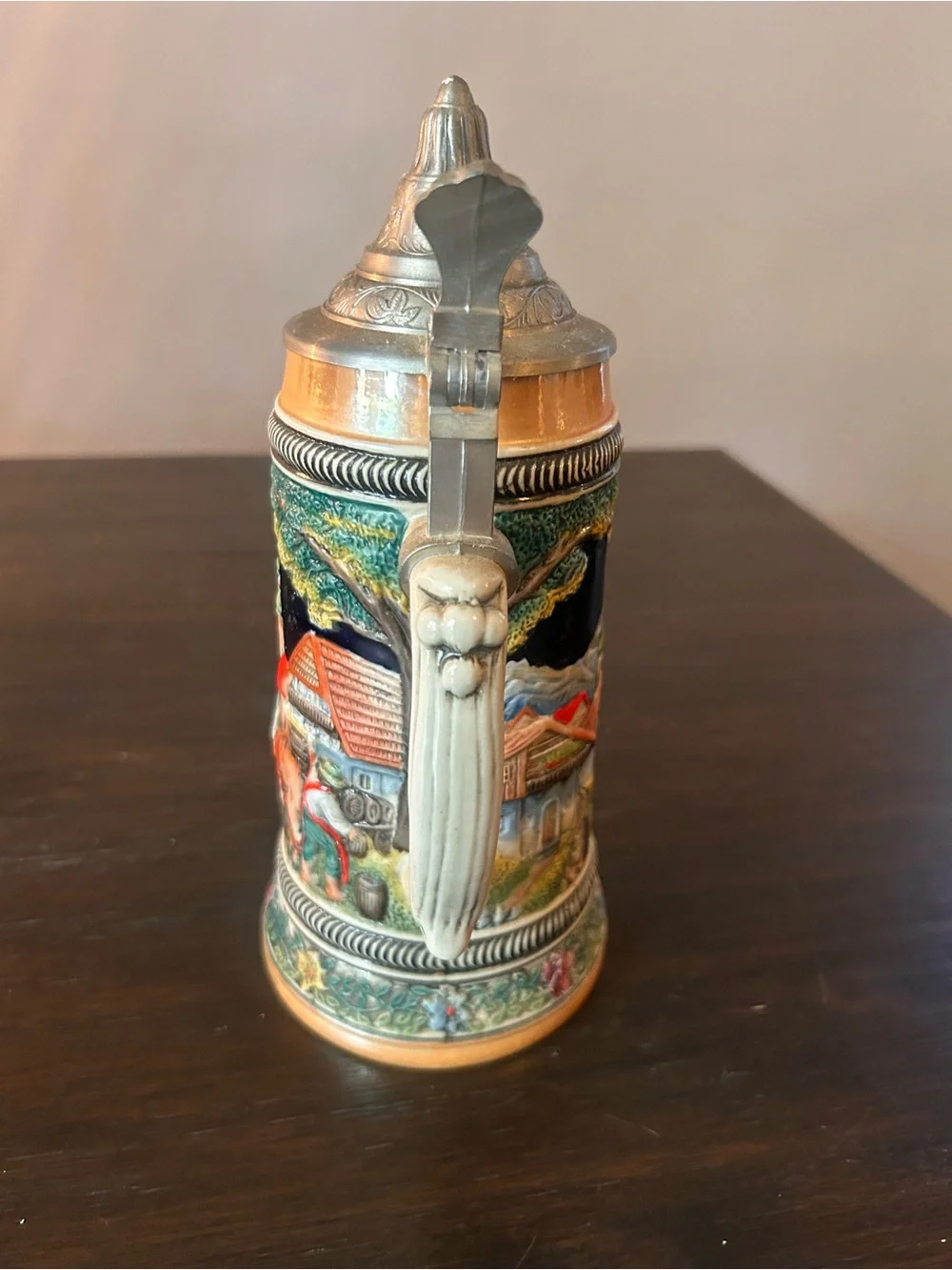 Vintage Black Forest Ceramic Beer Stein with Pewter Lid - Multicolor
